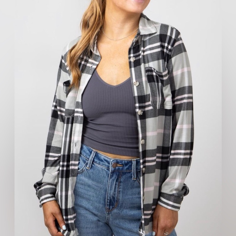 C&C California Black, White & Gray Plaid Flannel Button-Down SOFT Shirt